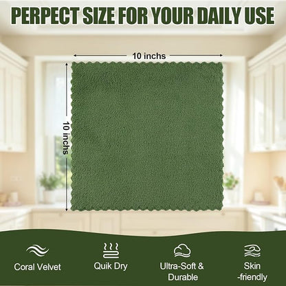Kitinjoy 24 Pack Kitchen Cloths Dish Towels (10" x 10", Grass Green), Super Soft and Absorbent Dish Cloths, Nonstick Oil Fast Drying Coral Velvet Microfiber Cleaning