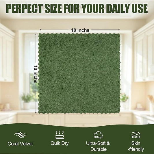 Kitinjoy 24 Pack Kitchen Cloths Dish Towels (10" x 10", Grass Green), Super Soft and Absorbent Dish Cloths, Nonstick Oil Fast Drying Coral Velvet Microfiber Cleaning