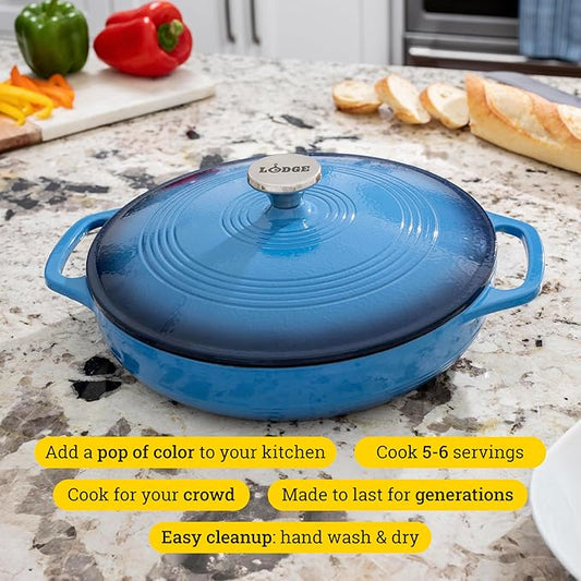 Lodge Essential Enamel Braiser 3.5 Quart - Refrigerator- & Oven-Safe up to 500° F - Heat-Retaining, Induction-Safe & PFAS-Free Enamel Cookware - Caribbean Blue