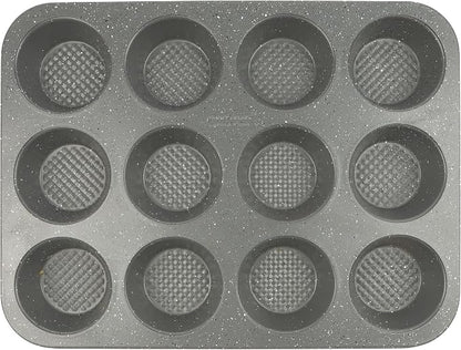 David Burke 12-Cup Muffin Pan, Carbon Steel, PFTE & PFOA Free, Oven Safe, Diamond Textured Surface – Gray Speckle
