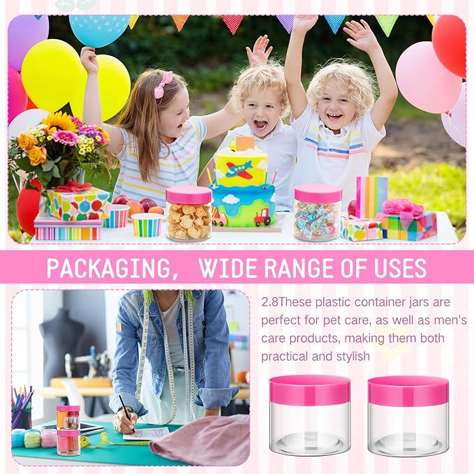 SATINIOR 24 Pieces Empty Clear Plastic Jars with Lids Round Storage Containers Wide Mouth for Beauty Product Cosmetic Cream Lotion Liquid Butter Craft and Food(Pink Lid,2 oz)