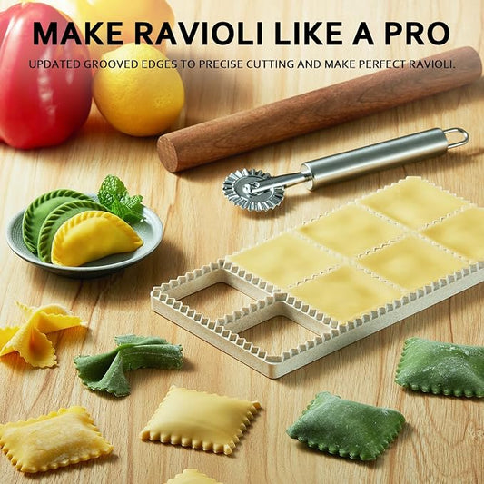 Ravioli Maker Press, Ravioli Press Mold Set - Squares Ravioli Stamp Maker Cutter with Wood Rolling Pin and Ravioli Wheel, Ravioli Stamp Pasta Making Tools | Makes 8 Ravioli, 1.85"