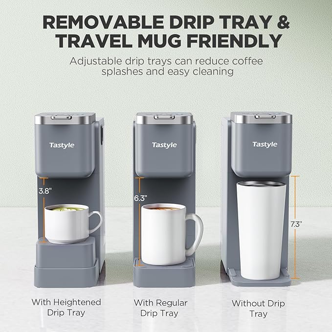 Tastyle 330MF Single Serve Coffee Maker with Built-in Detachable Milk Frother, Iced and Hot Coffee Machine for K Cup & Grounds, 40oz Removable Water Reservoir, 6 Cup Sizes, Fits 7.3" Travel Mug, Gray