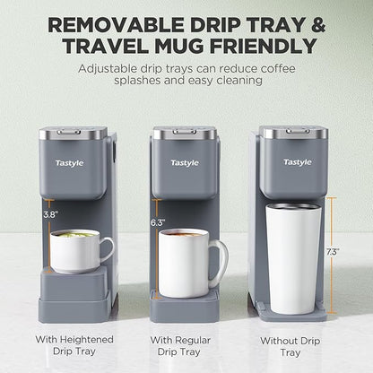 Tastyle 330MF Single Serve Coffee Maker with Built-in Detachable Milk Frother, Iced and Hot Coffee Machine for K Cup & Grounds, 40oz Removable Water Reservoir, 6 Cup Sizes, Fits 7.3" Travel Mug, Gray