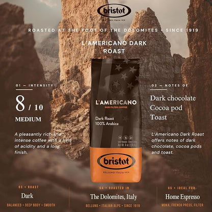 Bristot L'americano Dark Roast Ground Filter Coffee | 100% Arabica | For Pour-over/French Press/Drip | 8oz/226.8g