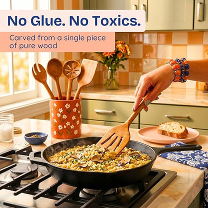 Non-Toxic Wooden Spoons for Cooking– 7-Piece Kitchen Utensils Set, Glue-Free & One-Piece Cooking Utensils, Natural Wooden Utensil Set with Plant-Based Finish, Free of Forever Chemicals