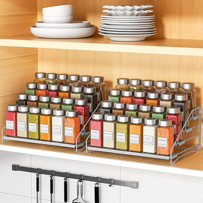 RCHYFEED 4 Tier Spice Rack Organizer, Spice Organization for Cabinet,Pantry, Countertop,Tiered Spice Rack Easy Visibility,Depth Expandable Seasoning Shelf for Kitchen Cabinet Organizer,Silver,2 PACK
