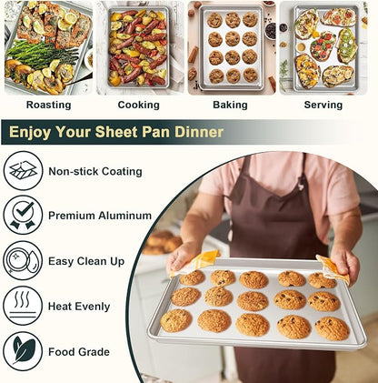 Wildone Baking Sheet with Rack Set (2 Pans + 2 Racks), Half Sheet Size | Natural Aluminum Commercial Quality Cookie Sheet with Cooling Rack, Nonstick Baking Pan, Warp Resistant & Heavy Duty