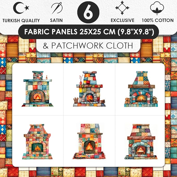 Patchwork Fireplace Cotton Fabric Panel – 6 Designs (10×10 inch Each) + Bonus Sheet 29.5×19.6 inch, 100% Cotton 140 GSM, Made in Türkiye