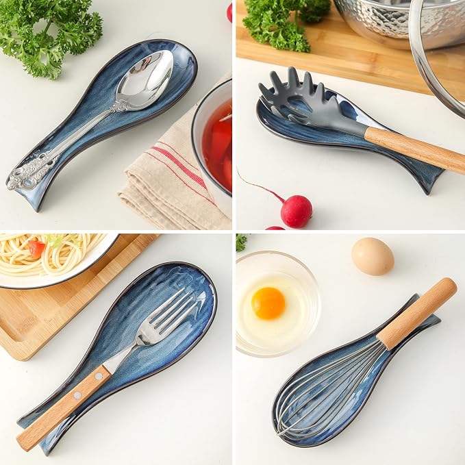 Hasense Spoon Rest for Stove Top - Navy Blue Spoon Holder for Kitchen Counter, Heat-Resistant Ceramic Cooking Utensil Rest for Spatula, Ladle and Tongs, Housewarming Gift