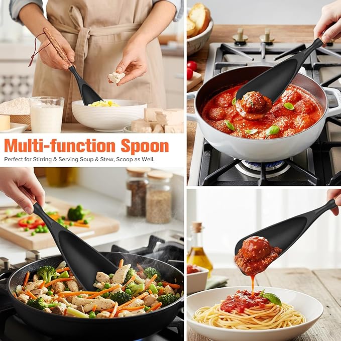 Silicone Cooking Utensils Set of 7 Pack, Wood Handle Heat-Resistant Kitchen Utensils, Non-Stick Cookware Safe - Include Spatula, Spoon, Ladle, Bowl Scraper, Basting Brush for Cooking, Baking, BBQ