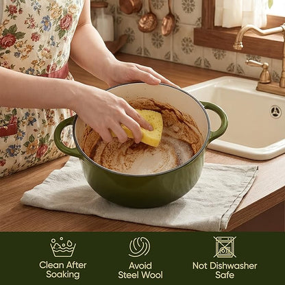 Vintage Style 4.5 Quart Dutch Oven Pot with Lid, Non Stick Enameled Cast Iron Dutch Oven for Bread Baking, Heavy-Duty, Oven Safe Ceramic Cookware Up to 500°F for Baking, Braising, Stews, Roasting, Golden Green