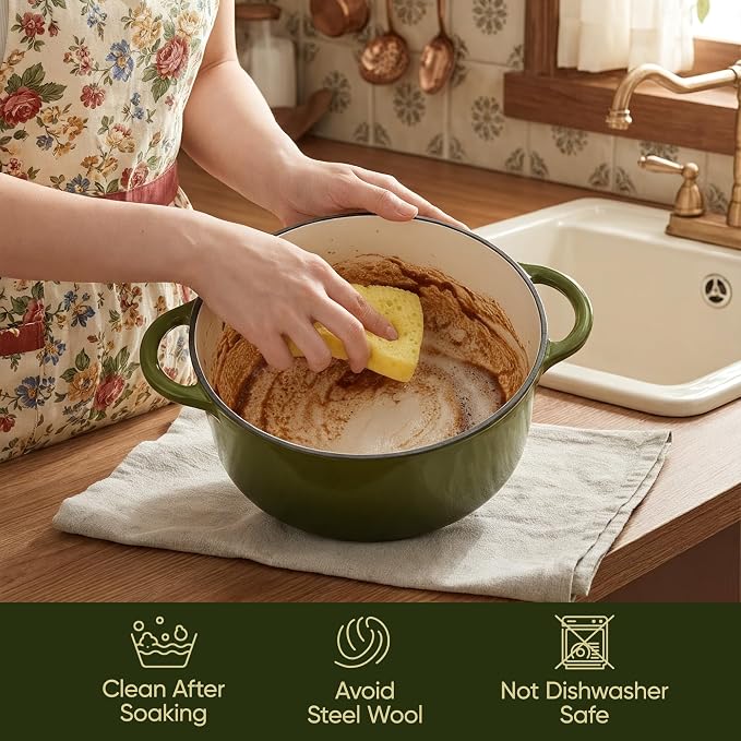 4.5 Quart Dutch Oven Pot with Lid, Non Stick Enameled Cast Iron Dutch Oven for Bread Baking, Heavy-Duty, Oven Safe Ceramic Cookware Up to 500°F for Baking, Braising, Stews, Roasting, Golden Green