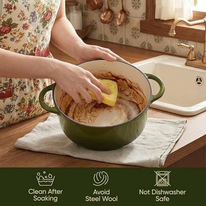 4.5 Quart Dutch Oven Pot with Lid, Non Stick Enameled Cast Iron Dutch Oven for Bread Baking, Heavy-Duty, Oven Safe Ceramic Cookware Up to 500°F for Baking, Braising, Stews, Roasting, Golden Green