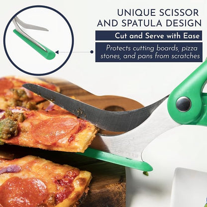 Green Pizza Scissors - Non-Stick Pizza Scissors with Firm Grip Base - Food Grade Stainless Steel Pizza Cutter - 5-in-1 Food Slicer & Pizza Server - Durable, Safe & Mess Free