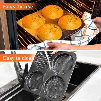 Webake 5" Large Hamburger Bun Pan, Nonstick Bun Pans for Baking, Heavy Gauge Carbon Steel, Homemade Burger Set of 2
