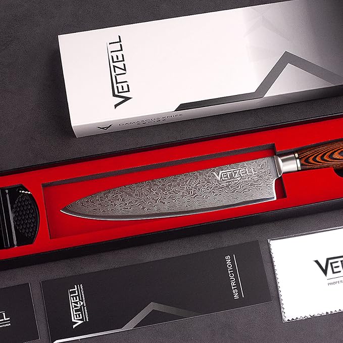 VENZELL Handmade 8 inch Chef Knife, 67-layer Damascus Stainless Steel Knife, HRC60±2 Professional Chopping Knife with Ergonomic PAKKA Wood Handle