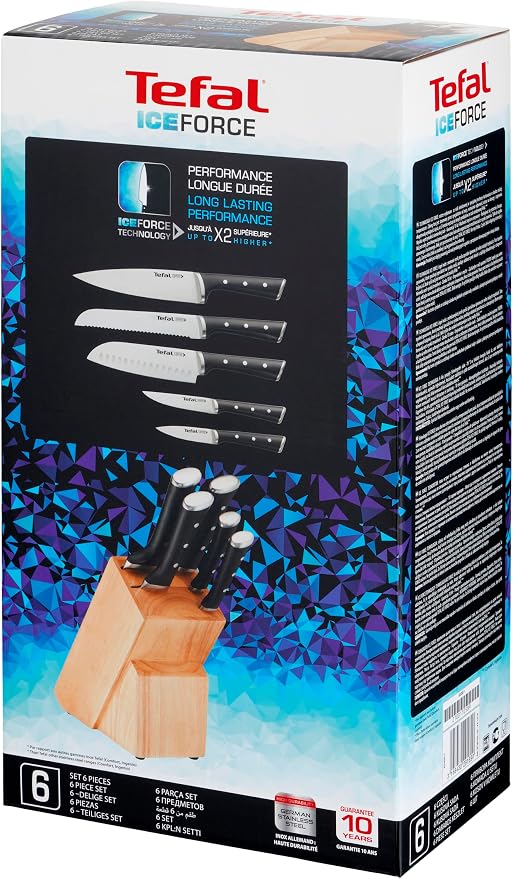 Tefal Wooden Knife Block 5pc Set- Ice Force Knives, German Stainless Steel & Premium Design - Bread 20 cm | Chef 20 cm | Santoku 18 cm | Utility 11 cm | Paring 9 cm - K232S574