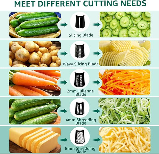 Rotary Cheese Grater Hand Crank - Cheese Shredder with 5 Blades & Strong Suction Base, Mandoline Slicer Vegetable Chopper, Kitchen Gadgets with Storage Box, Black