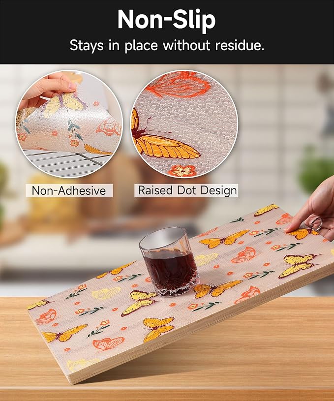 Cooyes Shelf & Drawer Liner for Kitchen Cabinets Non-Adhesive, Waterproof and Washable EVA Shelf Paper, Protect & Decorate Dresser, Bathroom, and Cupboards (Colorful Butterfly, 17.7" W x 78.7" L)
