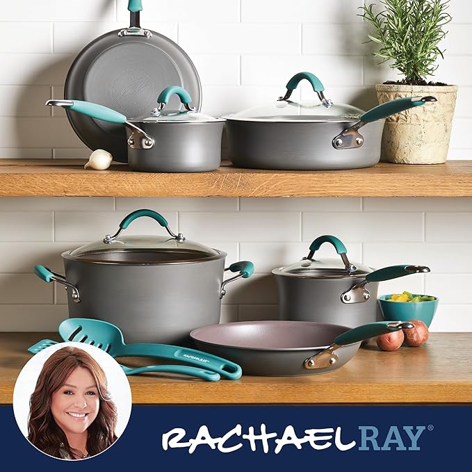 Rachael Ray Cucina Dishwasher-Safe Hard-Anodized Pots and Pans Set Non Stick Cookware, 12 Piece, Gray with Agave Blue Handles