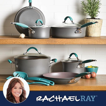 Rachael Ray Cucina Dishwasher-Safe Hard-Anodized Pots and Pans Set Non Stick Cookware, 12 Piece, Gray with Agave Blue Handles