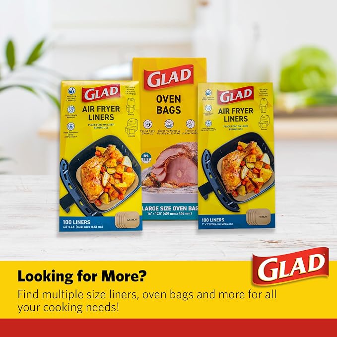 Glad Air Fryer Parchment Liners, Nonstick, Heat Resistant to 446 Degrees F, Food-Grade Material, Flat Square for Round and Square Air Fryer Baskets, 9" x 9", 100 Count