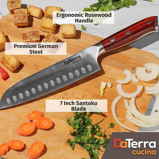 DaTerra Cucina - 7 Inch Santoku Knife – German Steel Professional Kitchen Knife with Ergonomic Rosewood Handle, Sharp, Durable, Rust Proof, Easy to Clean | Ideal for Chopping, Slicing & Dicing