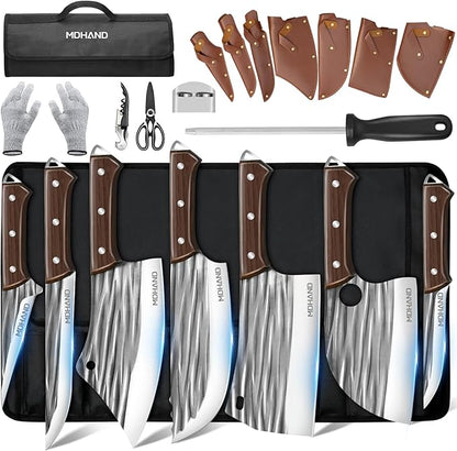 MDHAND Butcher Knife Set, Hand Forged Serbian Chef Knife Set with Roll Bag, Heavy Duty Meat Cleaver Knives, Boning Knife, Meat Cutting Knife for Home Kitchen & Camping BBQ, Gifts for Men Women