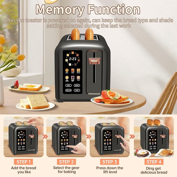 SEEDEEM Toaster 2 Slice, Touch Control Stainless Toaster LCD Display, 50% Faster Heating Speed, 1.4'' Wide Slots, More Timer Functions, Removable Crumb Tray, 1350W, Dark Metallic