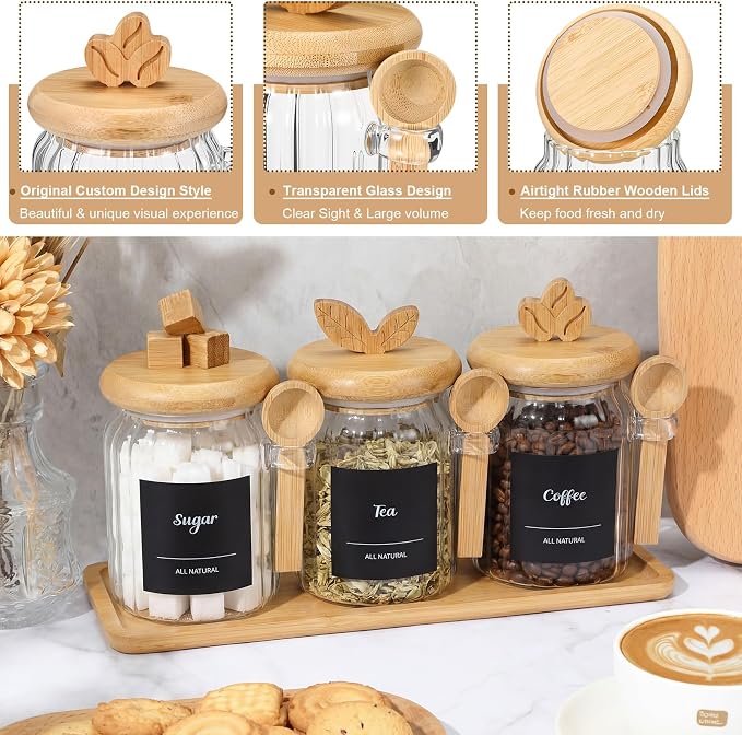 Suclain 3 Pcs Glass Coffee Container with Bamboo Color Lid & Spoon, 20.3 oz Airtight Glass Jar with Wooden Shelf, Food Storage Containers Coffee Jar Tea Container(Bamboo Color)