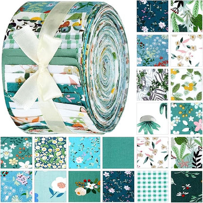 Kingdder Jelly Fabric Quilting Strips, Patchwork Roll 2.55 Inch Roll up Cotton Patchwork Jelly Fabric Craft for Quilters and Sewing DIY Crafts(Green Flower)