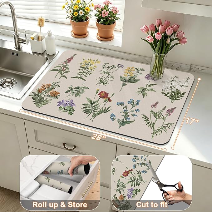LOKHOM Dish Drying Mat for Kitchen Counter, 17"x28" Absorbent Coffee Bar Mat with Vintage Sage Flower Herbs, Dish Drainer Rack Mat for Kitchen Counter