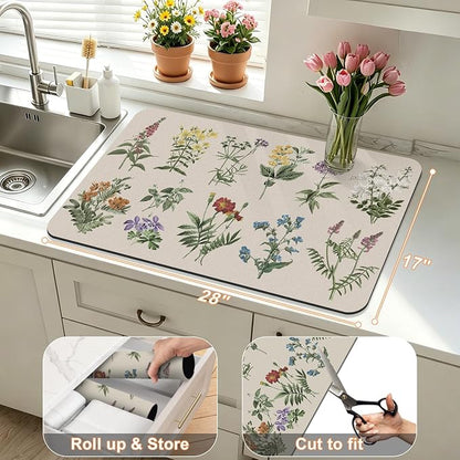 LOKHOM Dish Drying Mat for Kitchen Counter, 17"x28" Absorbent Coffee Bar Mat with Vintage Sage Flower Herbs, Dish Drainer Rack Mat for Kitchen Counter