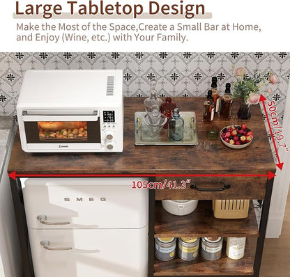 METYERRY Kitchen Bakers Rack with Power Outlet, Microwave Stand with Drawer, Mini Fridge Stand with Adjustable Shelves,Mini Fridge Cabinet Suitable for Dining Room, Dorm,Home, Rustic Brown