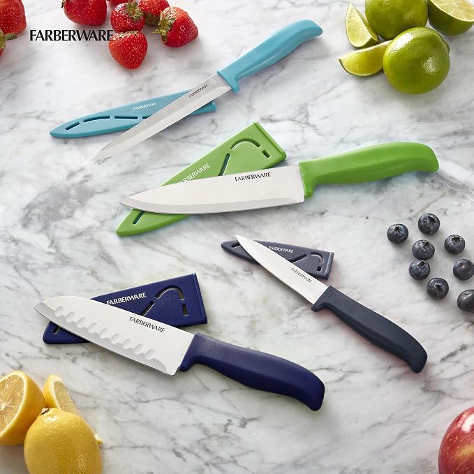 Farberware Chef Knife Set with Colorful Handles, Stainless Steel Blades with Blade Covers Included, Versatile Kitchen Knives, 4-Piece