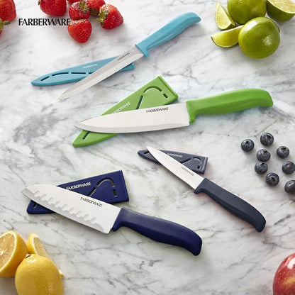 Farberware Chef Knife Set with Colorful Handles, Stainless Steel Blades with Blade Covers Included, Versatile Kitchen Knives, 4-Piece
