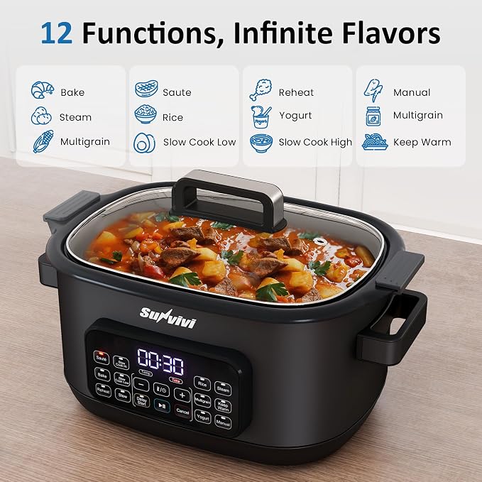 12-in-1 Multicooker, 6.5QT Slow Cooker Roaster Oven, Digital Programmable Multi Functional Pot with Timer Temp Control Delay Start Glass Lid Removable Nonstick Pot, Roast/Steam Rack, Black