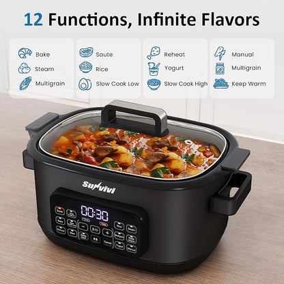 12-in-1 Multicooker, 6.5QT Slow Cooker Roaster Oven, Digital Programmable Multi Functional Pot with Timer Temp Control Delay Start Glass Lid Removable Nonstick Pot, Roast/Steam Rack, Black