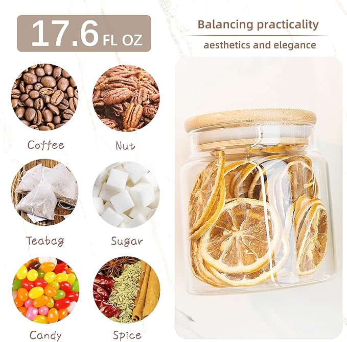 Custde 17 floz Small Glass Storage Containers with Lids,Candy Jar with Lid, Glass Food Storage Containers for Kitchen Counter, Pantry, Decorative Jar for Coffee, Sugar,Tea, Cute Jar(Bamboo 17 FL OZ)