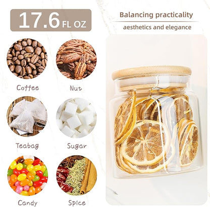 Custde 17 floz Small Glass Storage Containers with Lids,Candy Jar with Lid, Glass Food Storage Containers for Kitchen Counter, Pantry, Decorative Jar for Coffee, Sugar,Tea, Cute Jar(Bamboo 17 FL OZ)