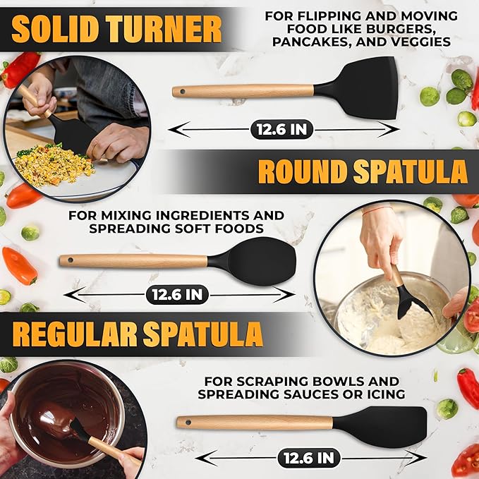 14 PCs Black Silicone Cooking Utensils Set with Holder - Versatile Kitchen Utensils with Sturdy Wooden Handles - Heat Resistance Silicone Kitchen Utensil Set with Holder for All Cooking & Baking Needs