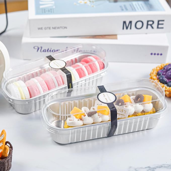 Mini loaf pans with lids Rectangle Aluminum Foil Cake Tins Baking Pans for Wedding Birthday Party 6.8oz, Graduation Gifts Party Favors(Silver, 50Pack)