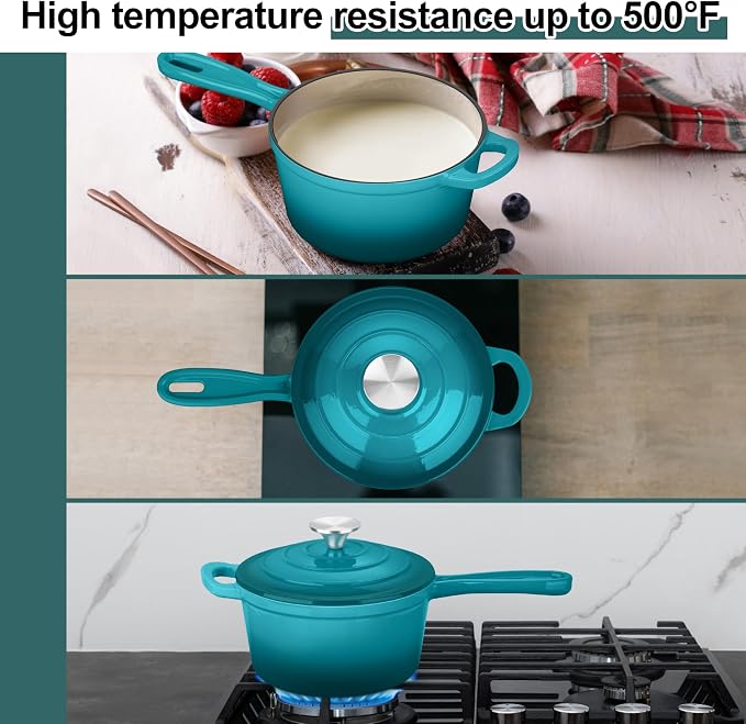 1 Quart Cast Iron Saucepan, Leonyo Enameled Sauce Pan with Lid, Enamel Cast Iron Dutch Oven Cooking Stock Pots and Pan Set Kitchen Cookware Appliances for All Cooktops - Up to 500°F, Lake Green