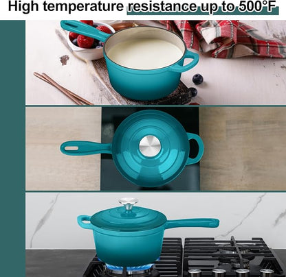 1 Quart Cast Iron Saucepan, Leonyo Enameled Sauce Pan with Lid, Enamel Cast Iron Dutch Oven Cooking Stock Pots and Pan Set Kitchen Cookware Appliances for All Cooktops - Up to 500°F, Lake Green