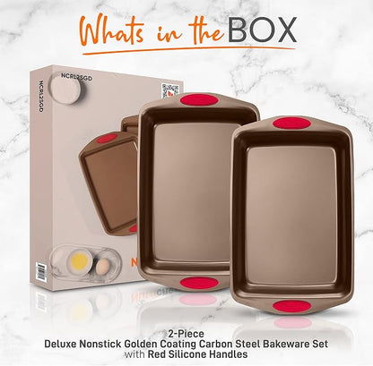 NutriChef 2-Piece Nonstick Baking Pan Set – Carbon Steel Cookie Sheet w/Red Silicone Grip Handles – Durable, Heavy-Duty Bakeware for Even Heat Distribution – Oven Safe, Easy Cleanup – Golden