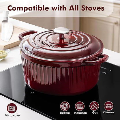 SENSARTE Enameled Cast Iron Dutch Oven Pot with Lid 3.5/5.5/6.5 Quart Heavy-Duty Round Dual Handles Kitchen Pot with Cotton Potholders & Silicone Trivet, Pot for Bread Baking, Stews, Braising, Roasting, Oven Safe, 6.5 Quart, Red