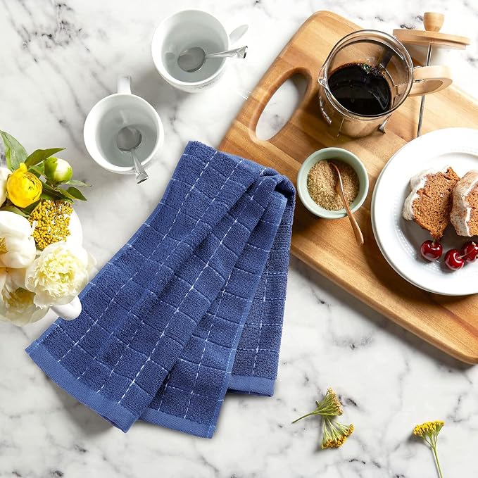 Mordimy 100% Cotton Terry Cloth Kitchen Towels, Super Soft and Absorbent Dish Towels for Drying, Checkered Designed Hand Towels, 16 x 26 Inches, 4 Pack, Navy Blue