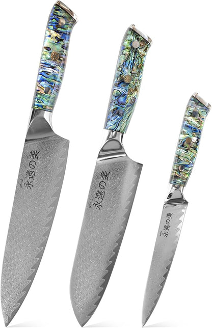 Damascus Kitchen Knife Set | 67-Layer Damascus Steel | Professional Chef Knives Set | Ergonomic Blue Shell Handle | Gift Box Included (Blue-2, 3-Piece Set)