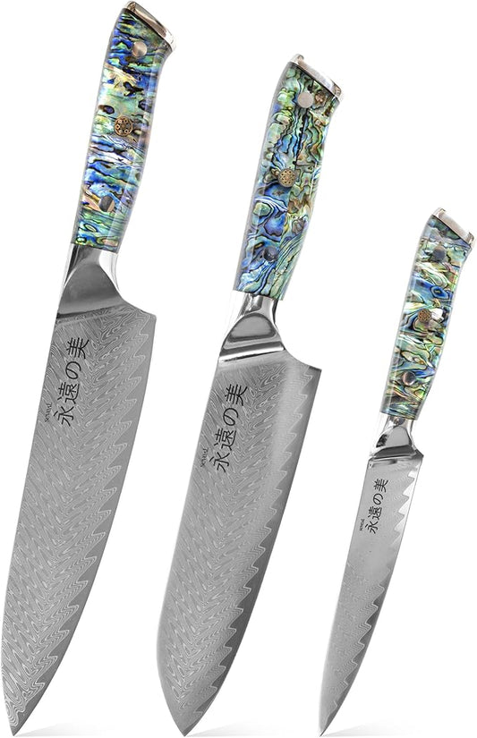 Damascus Kitchen Knife Set | 67-Layer Damascus Steel | Professional Chef Knives Set | Ergonomic Blue Shell Handle | Gift Box Included (Blue-2, 3-Piece Set)